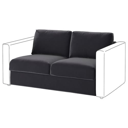 Dark grey VIMLE sofa with velvet fabric, boxy design, two cushions, and white outline.