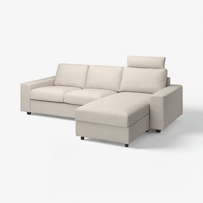 Beige sectional sofa, minimalist design. Comfortable, versatile, with storage & removable covers.