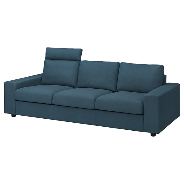 Blue 3-seat sofa, modern design, soft fabric, headrest, comfy shape.