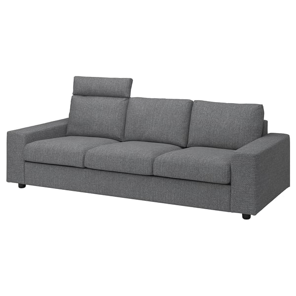 Modern grey sofa, VIMLE, with clean lines, cushy seat & back, two patterned pillows.