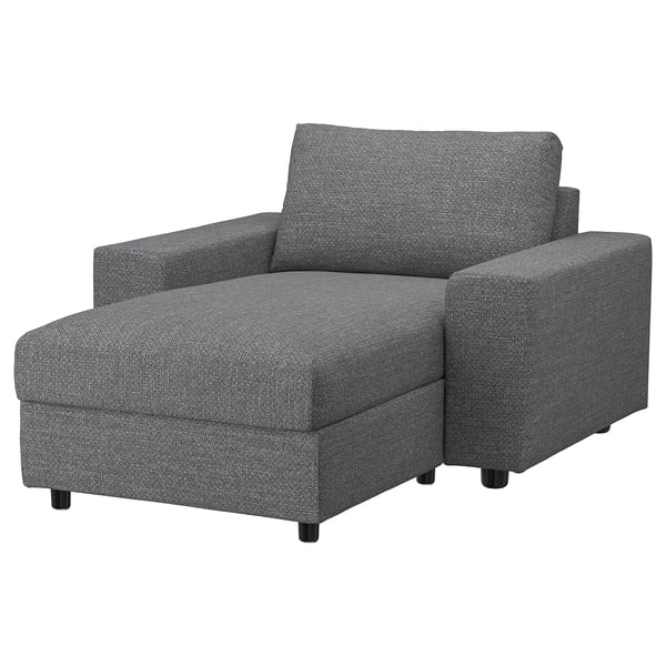 VIMLE grey upholstered chair with storage, modern minimalist design.