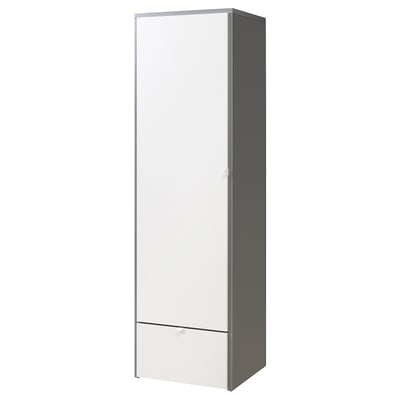 A VISTHUS tall white cabinet with a sleek, modern design. It stands on adjustable feet and one drawer and two doors.