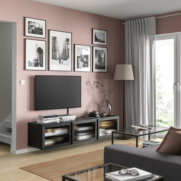 BESTÅ طاولة تلفزيون مع أبواب, أسود-بني/Fällsvik فحمي, 180x42x38 سم