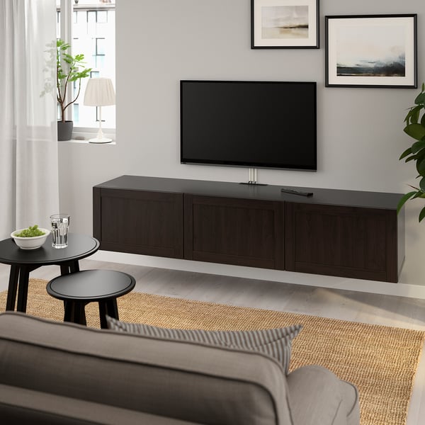 BESTÅ طاولة تلفزيون مع أبواب, أسود-بني/Hanviken أسود-بني, 180x42x38 سم