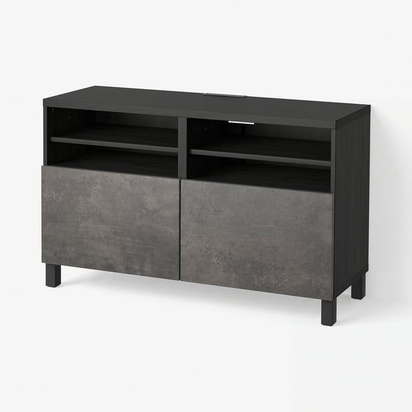 BESTÅ طاولة تلفزيون مع أبواب, أسود-بني Kallviken/Stubbarp/رمادي غامق مظهر الخرسانة, 120x42x74 سم