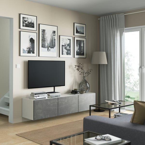 BESTÅ طاولة تلفزيون مع أبواب, أبيض/Kallviken رمادي غامق, 180x42x38 سم