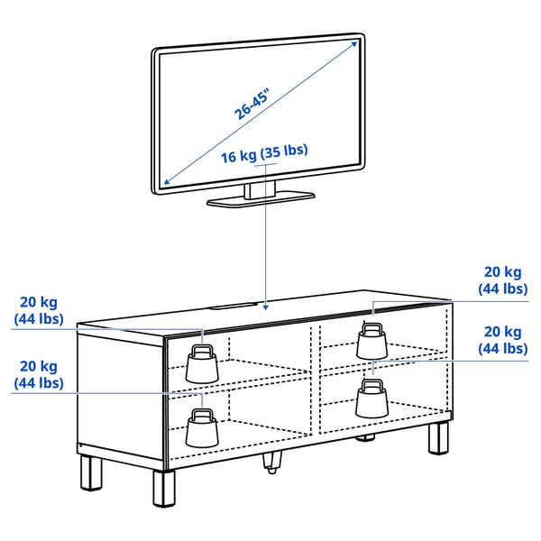 BESTÅ طاولة تلفزيون مع أبواب, أبيض Lappviken/Stubbarp/بني شكل خشب الجوز, 120x42x48 سم