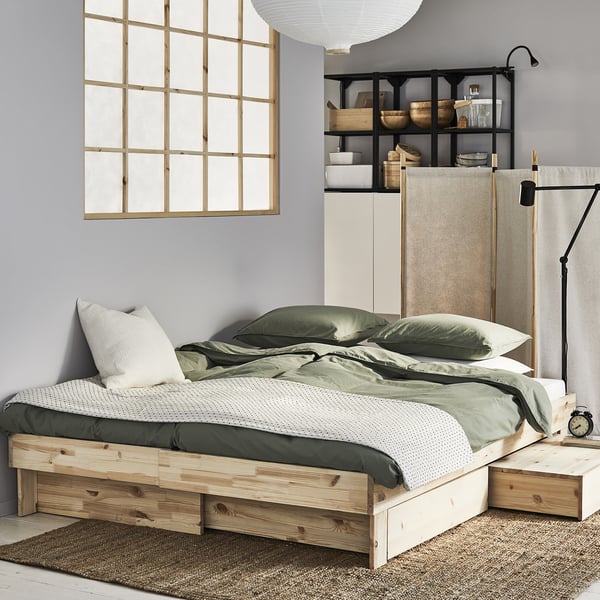 GLAMBERGET سرير قابل للتمديد مع تخزين/مرتبتين, صنوبر/Åfjäll متوسطة الصلابة, 80x200 سم