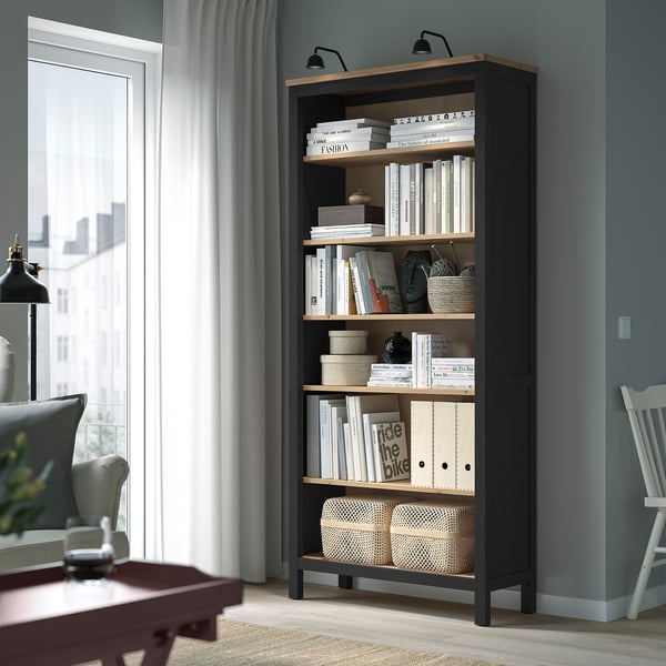 HEMNES مكتبة, أسود-بني/بني فاتح, 90x197 سم