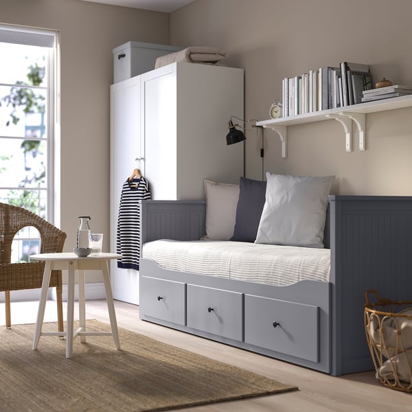 HEMNES هيكل سرير نهاري مع 3 أدراج, رمادي, 80x200 سم
