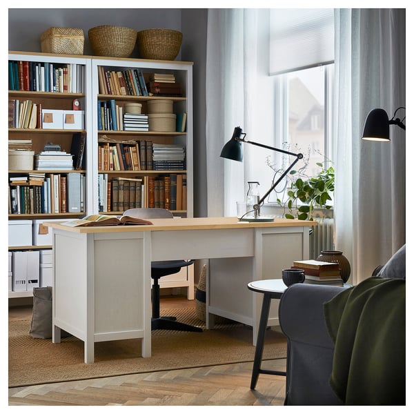 HEMNES مكتب, أبيض/بني فاتح, 155x65 سم