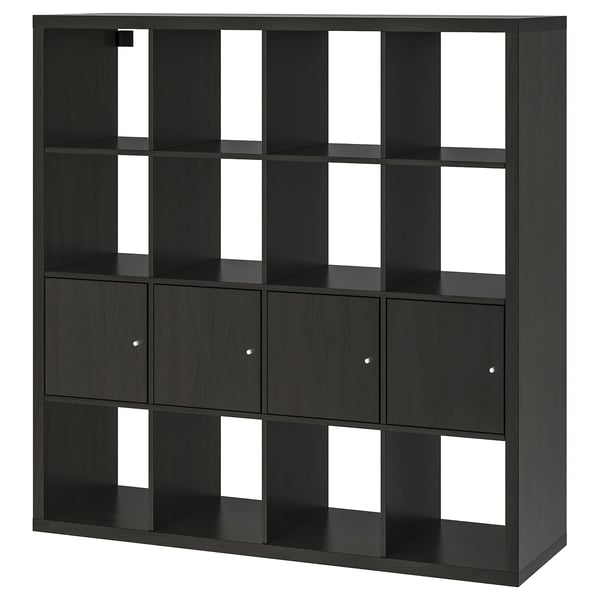 KALLAX وحدة أرفف مع 4 تركيبات داخلية, أسود-بني, 147x147 سم