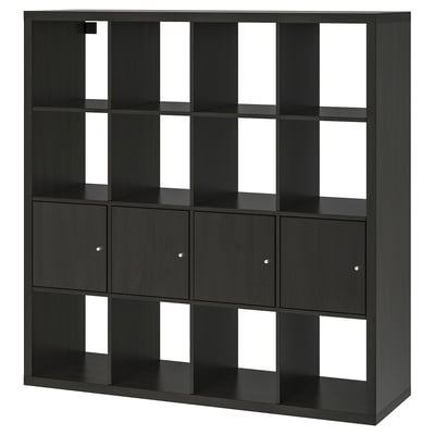 KALLAX وحدة أرفف مع 4 تركيبات داخلية, أسود-بني, 147x147 سم