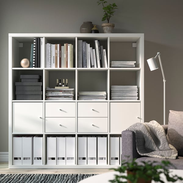 KALLAX وحدة أرفف مع 4 تركيبات داخلية, أبيض, 147x147 سم