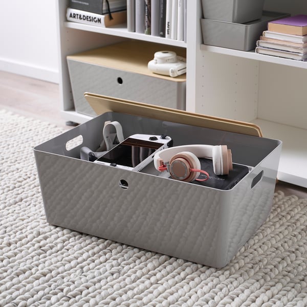 KUGGIS صندوق بغطاء, رمادي فاتح/خيزران, 37x54x21 سم
