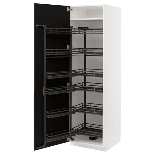 METOD خزانة عالية مع رف أطعمة يسحب للخارج, أبيض/Nickebo فحمي مطفي, 60x60x200 سم