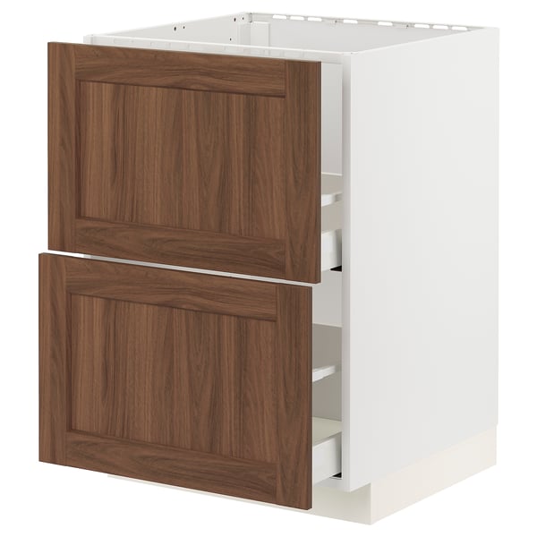 METOD / MAXIMERA خزانة قاعدة لحوض+واجهتان/درجان, أبيض Enköping/بني شكل خشب الجوز, 60x60 سم