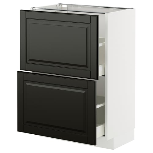 METOD / MAXIMERA خزانة قاعدة مع درجين, أبيض/Bodbyn أسود, 60x37 سم