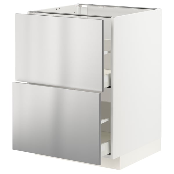 METOD / MAXIMERA خزانة قاعدة مع واجهتين/درجين علويين, أبيض/Vårsta ستينلس ستيل, 60x60 سم