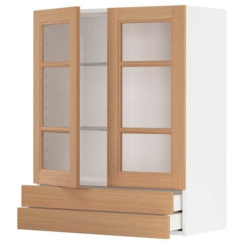 METOD / MAXIMERA خزانة حائط بابين زجاجية/2 أدراج, أبيض/Vedhamn سنديان, 80x100 سم