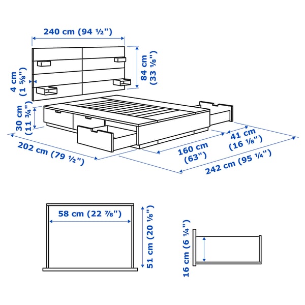 NORDLI هيكل سرير مع تخزين ولوح رأس, أبيض, 160x200 سم