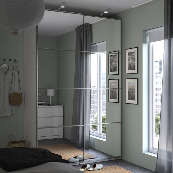 PAX / AULI دولاب ملابس مع أبواب سحّابة, أبيض/زجاج مرايا, 150x66x236 سم
