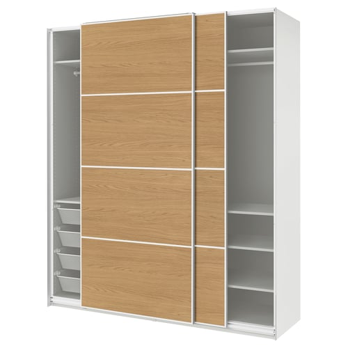 PAX / MEHAMN دولاب ملابس مع أبواب سحّابة, أبيض أبيض/ثنائي الجانب. شكل السنديان, 200x66x236 سم