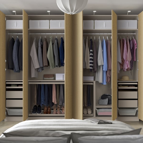PAX / STORKLINTA تشكيلة دولاب ملابس., رمادي-بيج/شكل السنديان, 300x60x236 سم