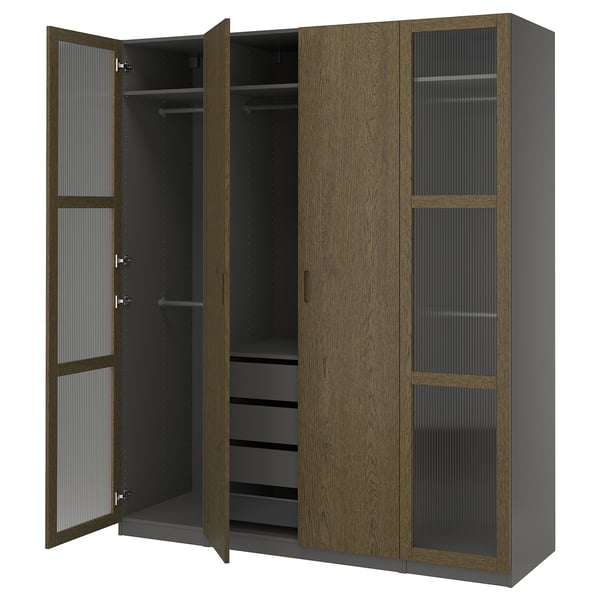 PAX / TONSTAD تشكيلة دولاب ملابس., رمادي غامق بني/قشرة سنديان مصبوغ زجاج, 200x60x236 سم