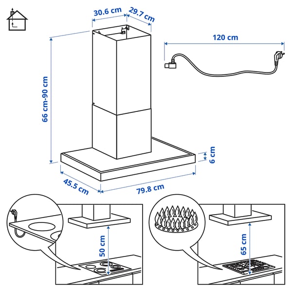 RÄFSEBO شفاط روائح حائطي, IKEA 500 لون ستينلس ستيل, 80 سم