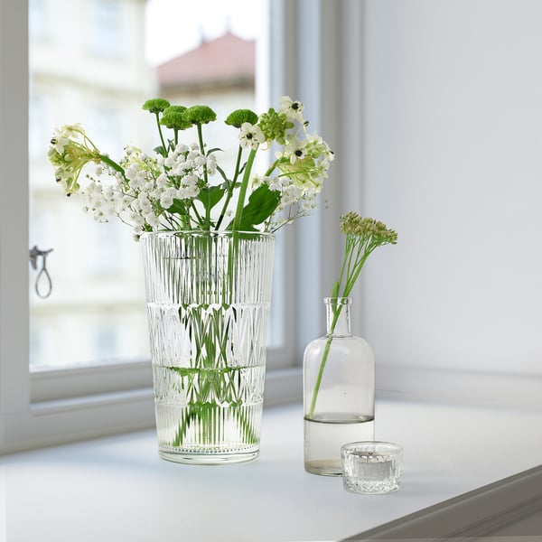 SMÄLLSPIREA مزهرية, زجاج شفاف/نقش, 22 سم