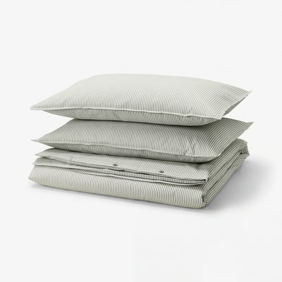 SOLFIBBLA غطاء لحاف و ٢ غطاء مخدة, أبيض أخضر/شريط, ‎240x220/50x80 سم‏