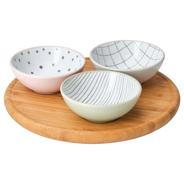 TRÅDTICKA صينية مع 3 سلطانيات, عدة ألوان/خيزران