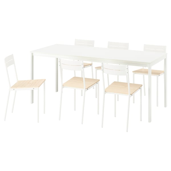 VIHALS / BUSLÄTT طاولة و 6 كراسي, أبيض/أبيض صنوبر, 120/180x74 سم