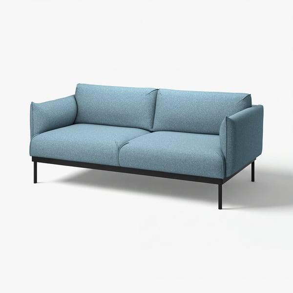 Modern light blue sofa, sleek design, metal legs, cosy cushions.