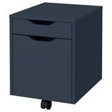 Modern ALEX grey filing cabinet with 2 drawers, sleek handles, and rollers.