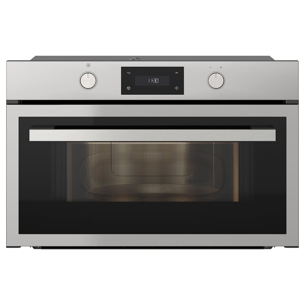 ANRÄTTA stainless steel microwave with digital display, control knobs, and a wide glass door.