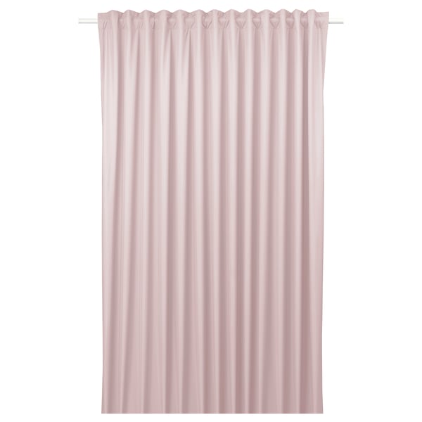Pink curtains, light-blocking, polyester. Simple, solid colour, rod-pocket design.