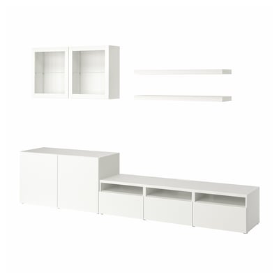 IKEA BESTÅ white storage set: tv bench, glass-door cabinet, wall shelves. Modern, sleek design for living room storage.