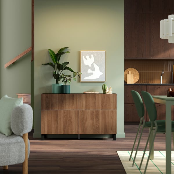 BESTÅ Storage combination w doors/drawers, black-brown Lappviken/Stubbarp/brown walnut effect, 120x42x74 cm