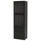 IKEA BESTÅ black cabinet: tall, rectangular, with glass display doors top and bottom, solid doors middle, modern design.