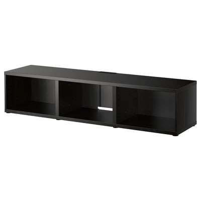 Black BESTÅ tv bench, sleek and modern with open compartments for storage and cable management.