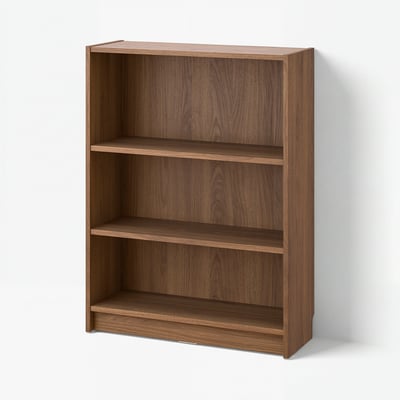 A walnut BILLY bookcase with 3 shelves for home storage.