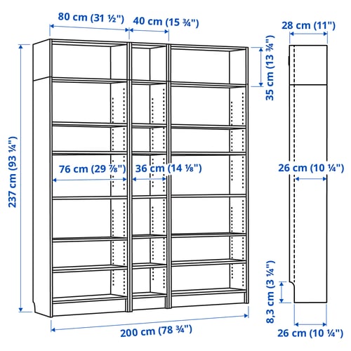 Illustration with measurements for the product: BILLY.