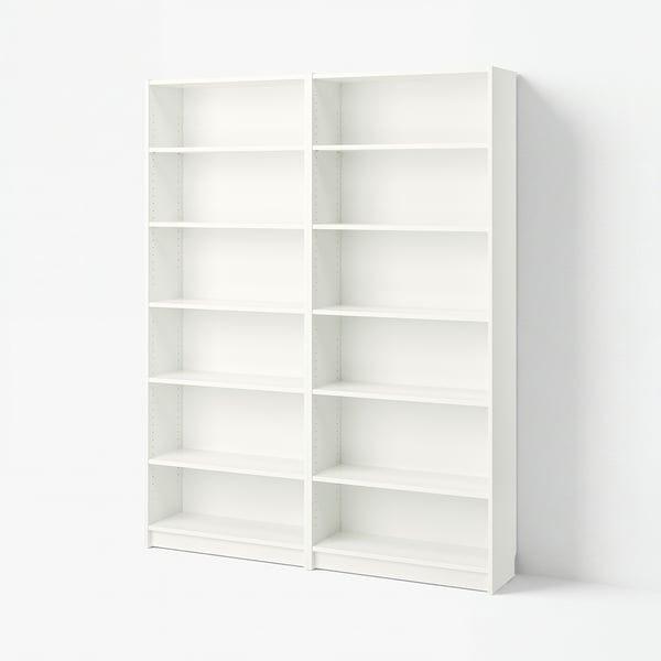 A BILLY white bookshelf with six empty shelves, all made of particleboard and providing adjustable storage space.