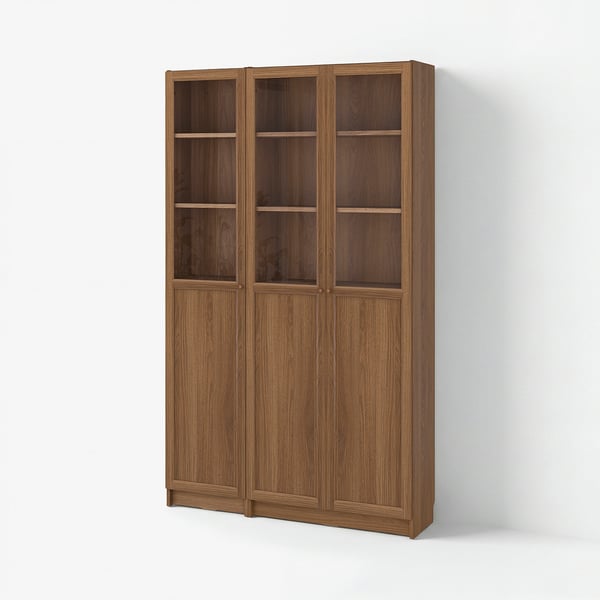 Brown wooden BILLY bookcase with glass doors.