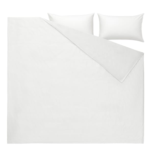 White bedding set with smooth fabric, including duvet cover and pillowcases, neatly arranged on a white background.
