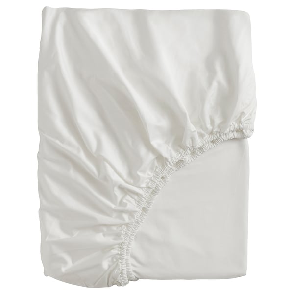 White BJÖRKAL cotton sheet, neatly folded, smooth fabric, rectangular shape, elastic border.