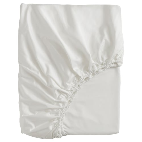 White BJÖRKAL cotton sheet, neatly folded, smooth fabric, rectangular shape, elastic border.