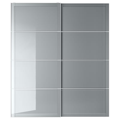BJÖRNÖYA grey glass wardrobe doors, frosted panels, aluminium frame with sliding rails.